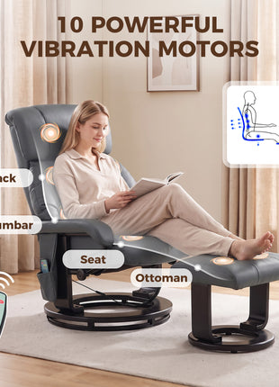 Massage Recliner Chair with Ottoman, 360° Swivel Recliner and Footstool, 10-Point Vibration, Gray
