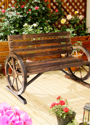 41" Wooden Wagon Wheel Bench, Rustic Outdoor Patio Bench Weather Resistance Furniture, 2-Person Slatted Seat with Backrest, Carbonized