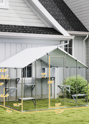 95" Extra Large Metal Outdoor Catio with Waterproof Cover, 2 Resting Boxes, 7 Jumping Platforms, for Multiple Cats