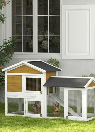58" Wooden Rabbit Hutch with Run, Removable Tray, Asphalt Roof,  Lockable Doors and Ramp, Nature Wood