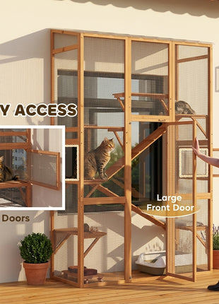 Outdoor Catio Cat Enclosure, Large Wooden Cat House with 6 Jumping Platforms, Scratching Post, 2 Ramps, for 2-3 Kittens