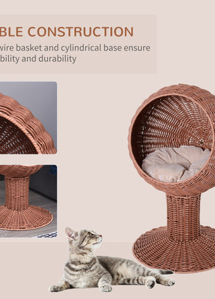 Elevated Cat Bed with Rotatable Egg Chair Pod, Cat Basket Bed with Thick Cushion, Natural Mat Grass Woven Kitty House, Brown
