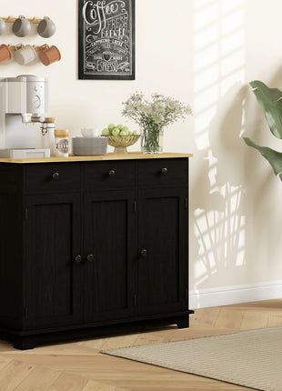 Kitchen Storage Cabinet, Sideboard Floor Cupboard with Solid Wood Top, Adjustable Shelf, and 3 Drawers, Black Wood Grain