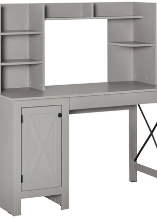 Computer Desk W/ Hutch, Home Office Desk W/ Storage Cabinet, Light Grey