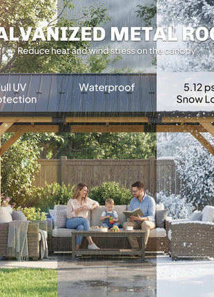13' x 11' Hardtop Gazebo Canopy with Galvanised Metal Roof, Fir Wood Frame and Central Hook for Patio, Black Gray