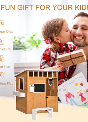 Wooden Playhouse for Kids Outdoor with Working Door, Windows, Mailbox, Bench, Flowers Pot Holder, 48" x 42.5" x 53"