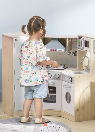 Ultra-Big Corner Kids Kitchen Playset with Sound Effects, Wooden Play Kitchen  with Stainless Steel Cooking Toys, Imaginative Pretend Toy for Ages 3-6 with Phone, Ice Maker