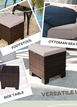2 Piece Wicker Outdoor Ottomans with Cushions, Rattan Ottoman Footrest and Side Table for Patio, Yard, Poolside, Cream