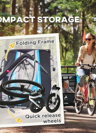 3-in-1 Bike Trailer for Kids, Running Stroller with 2 Seats, Jogging Cart with 5-Point Harness, Storage Units, Blue