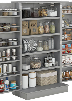 Freestanding Kitchen Pantry Cabinet, Kitchen Cabinet with 12 Door Shelves, Double Doors, 5-tier Shelving, Gray