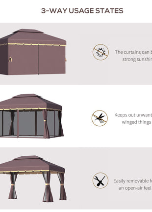 10' x 13' Patio Gazebo, Aluminum Frame Double Roof Outdoor Gazebo Canopy Shelter with Netting & Curtains, Coffee