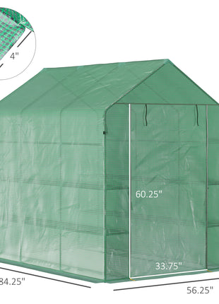 7' x 5' x 6' Walk-in Greenhouse for Outdoors with Mesh Door, 18 Shelf Hot House with Trellis, Plant Labels, UV Protective, Steel Frame for Growing Flowers, Herbs, Vegetables, Saplings, Green