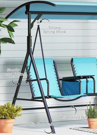 2 Person Porch Swing with Canopy, Storage Table, Cup Holder, Blue