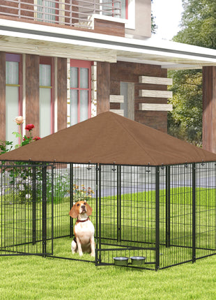 Outside Dog Kennel, 6.9' x 4.6' x 5' Puppy Play Pen with Canopy, Garden Playpen Fence Crate with Rotating Bowl, Black