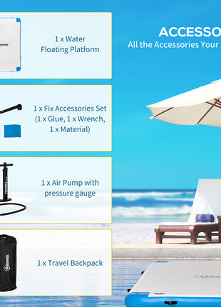 10 x 7ft Water Inflatable Floating Dock, Inflatable Platform Island, Large Floating Mat Raft with Air Pump & Backpack, for Pool, Beach, Ocean, White