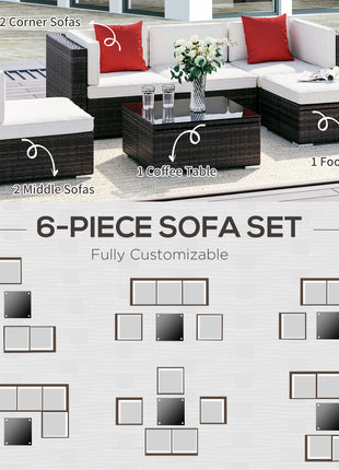 6 Piece Patio Furniture Set Outdoor Wicker Conversation Set All Weather PE Rattan Sectional Sofa Set with Ottoman, Cushions and Tempered Glass Table, Mixed Brown and Cream White