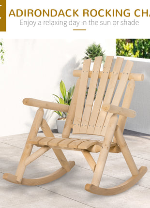 Outdoor Wooden Rocking Chair, Single-Person Rustic Adirondack Rocker with Slatted Seat, High Backrest, Armrests for Patio, Garden and Porch, Natural
