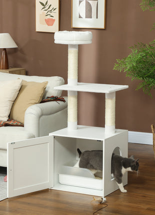 Cat Tree with Litter Box Enclosure, Scratching Posts, Bed, Climbing Platforms for Indoor Cats, White