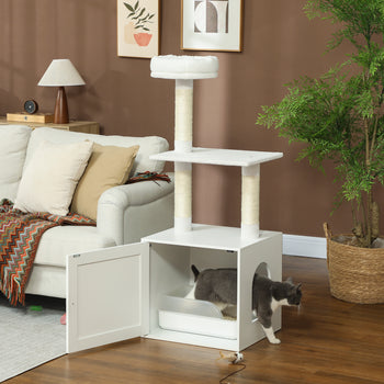 Cat Tree with Litter Box Enclosure, Scratching Posts, Bed, Climbing Platforms for Indoor Cats, White