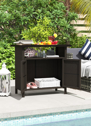 Wicker Outdoor Storage Cabinet with Two Doors and Shelf for Outdoor Pool Towel Storage, Dark Coffee