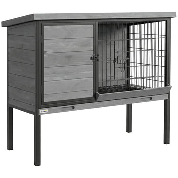 Elevated Rabbit Hutch Outdoor, Wooden Rabbit Cage Bunny House with Pull-out Tray and Openable Plastic Roof