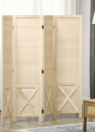 4.7' 4 Panel Wooden Room Divider with Pegboard Display, Folding Privacy Screen for Home Office, Natural