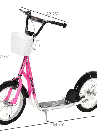 Youth Scooter, Kick Scooter with Adjustable Handlebars, Double Brakes, 16" Inflatable Rubber Tires, Basket, Pink