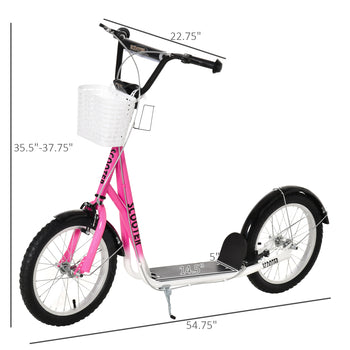 Youth Scooter, Kick Scooter with Adjustable Handlebars, Double Brakes, 16" Inflatable Rubber Tires, Basket, Pink