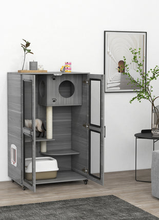 Cat Tree House with Scratching Post and Wheels, Gray