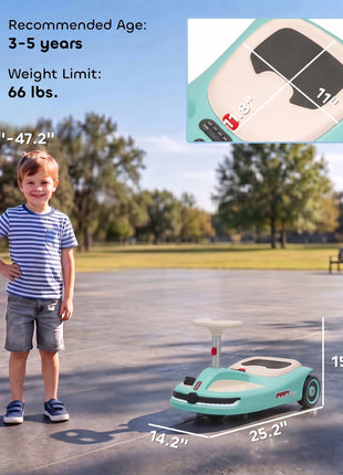 12V Electric Wiggle Car with Convertible Steering Wheel Pull Handle, 2 Speed, Music, Lights for 3-5 Years, Light Blue