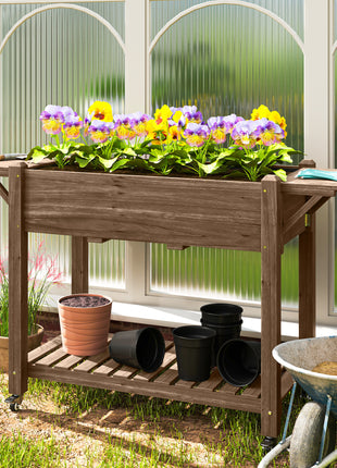 Wood Raised Planter Box, Elevated Garden Bed with Lockable Wheels, Side Tables, Bottom Shelf, Drain Holes, Carbonized