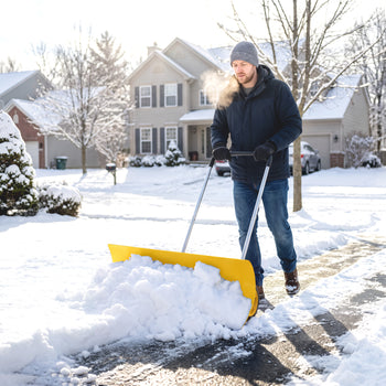 37-Inch Extra Wide Snow Shovel with Wheels, Heavy Duty Aluminum Snow Pusher with Ergonomic Adjustable Handle, Yellow