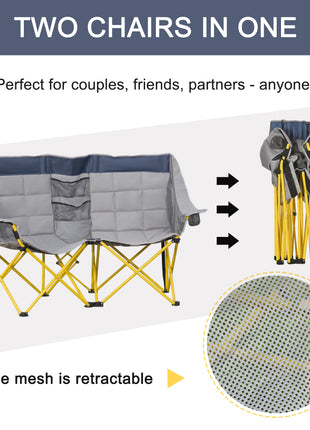Loveseat Style Camping Chair, Oversized Folding Lawn Chair with Carry Bag & Cup Holders, for Outdoor, Beach, Picnic, Hiking, Travel, Navy Blue & Gray