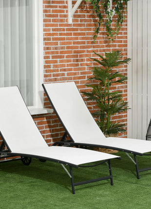 Chaise Lounge Outdoor, 2 Piece Lounge Chair with Wheels, Tanning Chair with 5 Adjustable Positions for Patio, Beach, Yard, Pool, Cream White