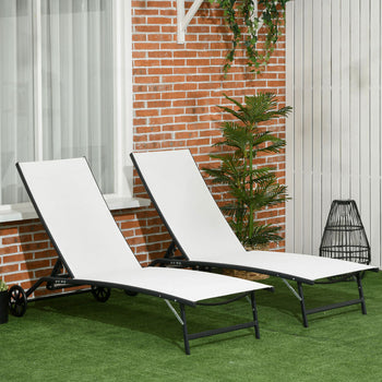 Chaise Lounge Outdoor, 2 Piece Lounge Chair with Wheels, Tanning Chair with 5 Adjustable Positions for Patio, Beach, Yard, Pool, Cream White