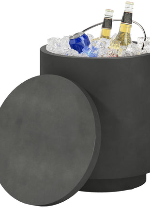 2.6 Gal Outdoor Side Table, 3-In-1 Concrete Cooler Bar Table with Storage, Removable Ice Bucket and Lid, Charcoal Gray