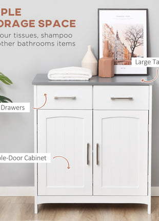 Bathroom Floor Cabinet, Freestanding Linen Cabinet, Storage Cabinet with 2 Drawers, Double Doors, Adjustable Shelf, White