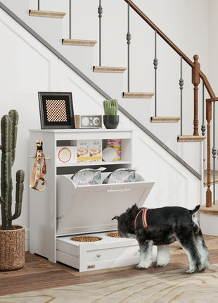 Pet Feeder Station Storage Cabinet, Dog Food Storage Container with Dog Raised Bowls, Watering Supplies, White