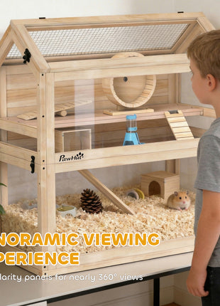 Wooden Hamster Cage, 3-Tier Small Animal Cage with Hut, Seesaw, Ramps, Exercise Wheel, Acrylic Panel and Bottom Tray