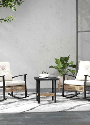 3 Pieces Bistro Set, Patio Wicker Furniture Set with Button Tufted Cushions, Rattan Rocking Chairs, Coffee Table, White