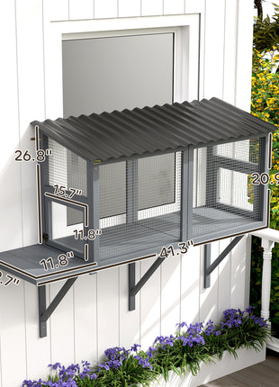 Wooden Cat Catio, Outdoor Cat Enclosure Window Perch with Jumping Platform, for Safely Enjoying Outdoor Sights, Gray