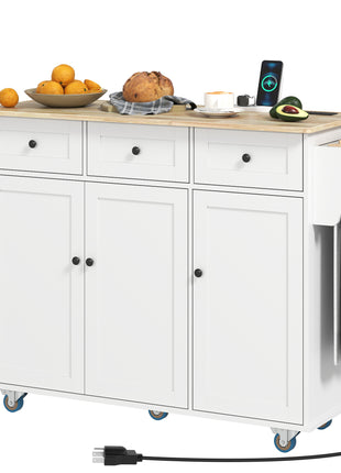 Kitchen Island on Wheels with Drop Leaf, Charging Station, Rolling Kitchen Cart with Wood Top, Adjustable Shelf, White