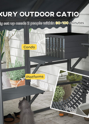 Wooden Catio Outdoor Cat Enclosure with Waterproof Cover, 2 Condos, 4 Platforms, Bridge, Doors, Gray
