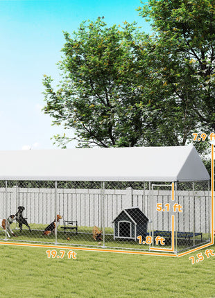Heavy Duty Outdoor Dog Kennel with Waterproof Roof, Secure Latch, Chain Link Dog Run for Backyard, 20' x 7.5' x 8'