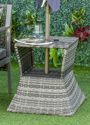 Outdoor Side Table with Umbrella Hole, 2 Tier Rattan Wicker End Table with Storage Shelf, All Weather for Patio, Garden, Backyard, Mixed Gray