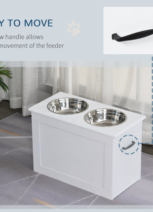 Raised Pet Feeding Storage Station with 2 Stainless Steel Bowls Base for Large Dogs and Other Large Pets, White
