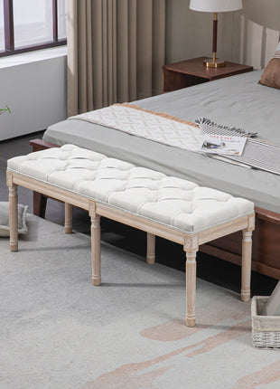 46" Linen Upholstered Bedroom Bench, French End of Bed Bench with Thick Padded Cushion and Wooden Legs, Cream White