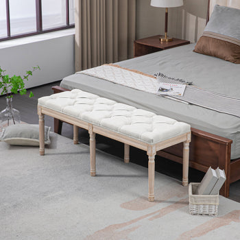46" Linen Upholstered Bedroom Bench, French End of Bed Bench with Thick Padded Cushion and Wooden Legs, Cream White