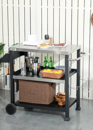 3-Shelf Outdoor Grill Cart Table with Side Handle, Stainless Steel Pizza Oven Stand on Wheels, Black