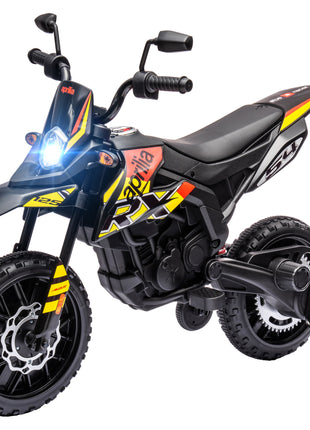 12V Aprilia Licenced Kids Motorcycle with Training Wheels, Spring Suspension, LED Light, USB, Music, Yellow